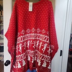 Dubgee Red White Christmas Pull Over Oversized Sweater Poncho